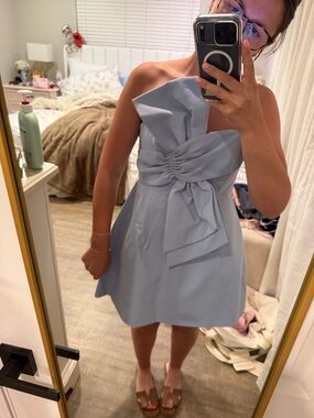 Showpo Light Blue One-Shoulder Mini Dress with Statement Bow